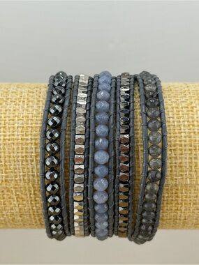 Boho Multi-Wrap Beaded Bracelet | Pearl & Crystal Drk Grey Leather Wrap Bracelet